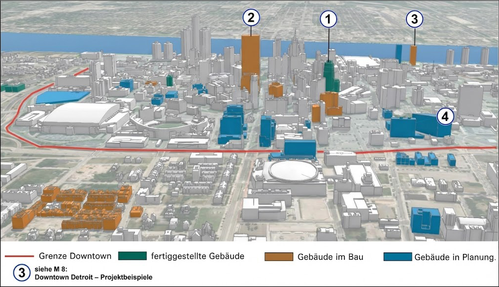 3D-Modell von Downtown mit farbigen Gebäuden (fertig, im Bau, geplant) und roter Grenze.